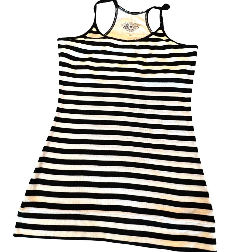 Vintage Y2K Ellemenno Black & White Striped Tunic Length Racerback Tank Top